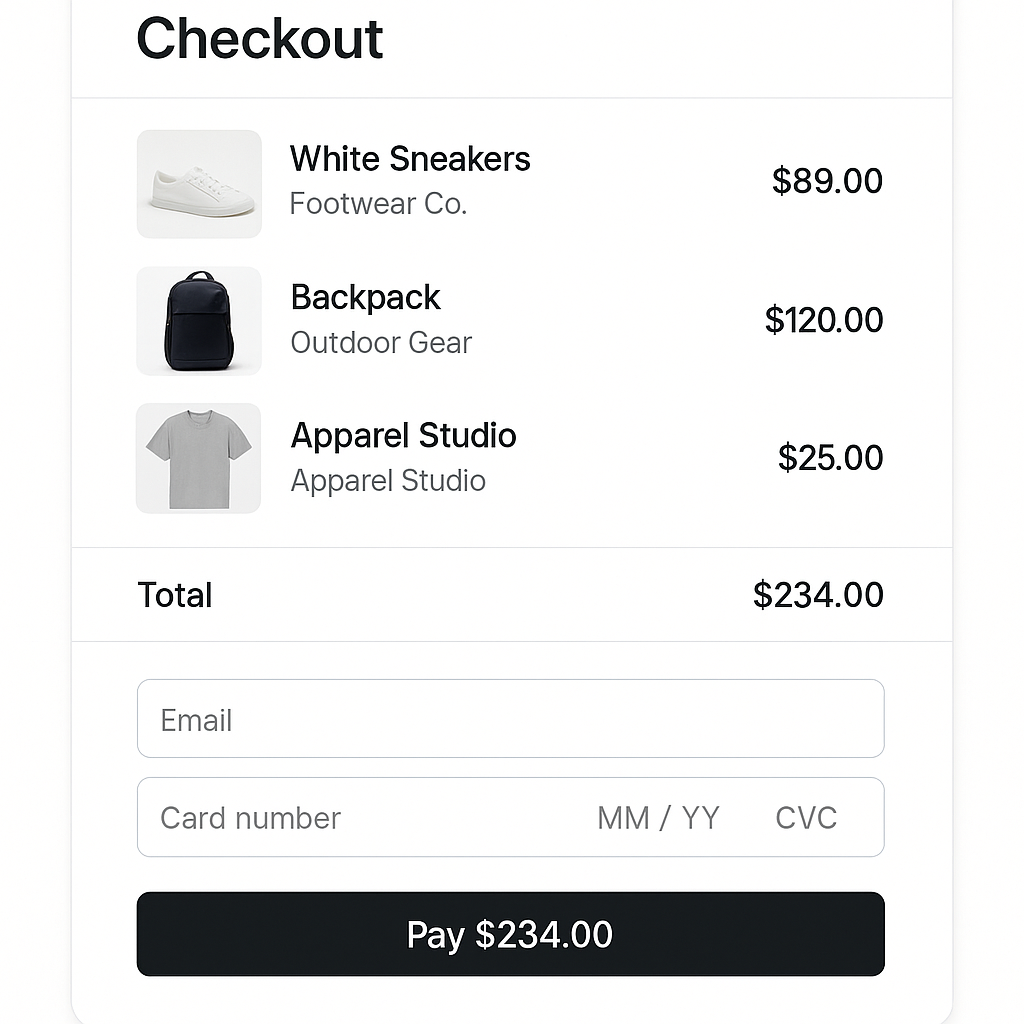 Revvy unified checkout interface showing items from multiple stores